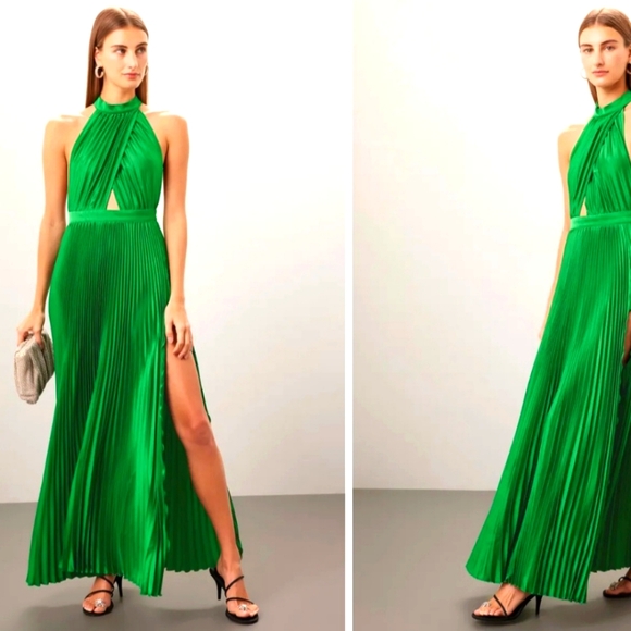 L'IDÉE Renaissance Midi Dress In Bright Green Pleated Charmeuse Satin 12 - Picture 1 of 11